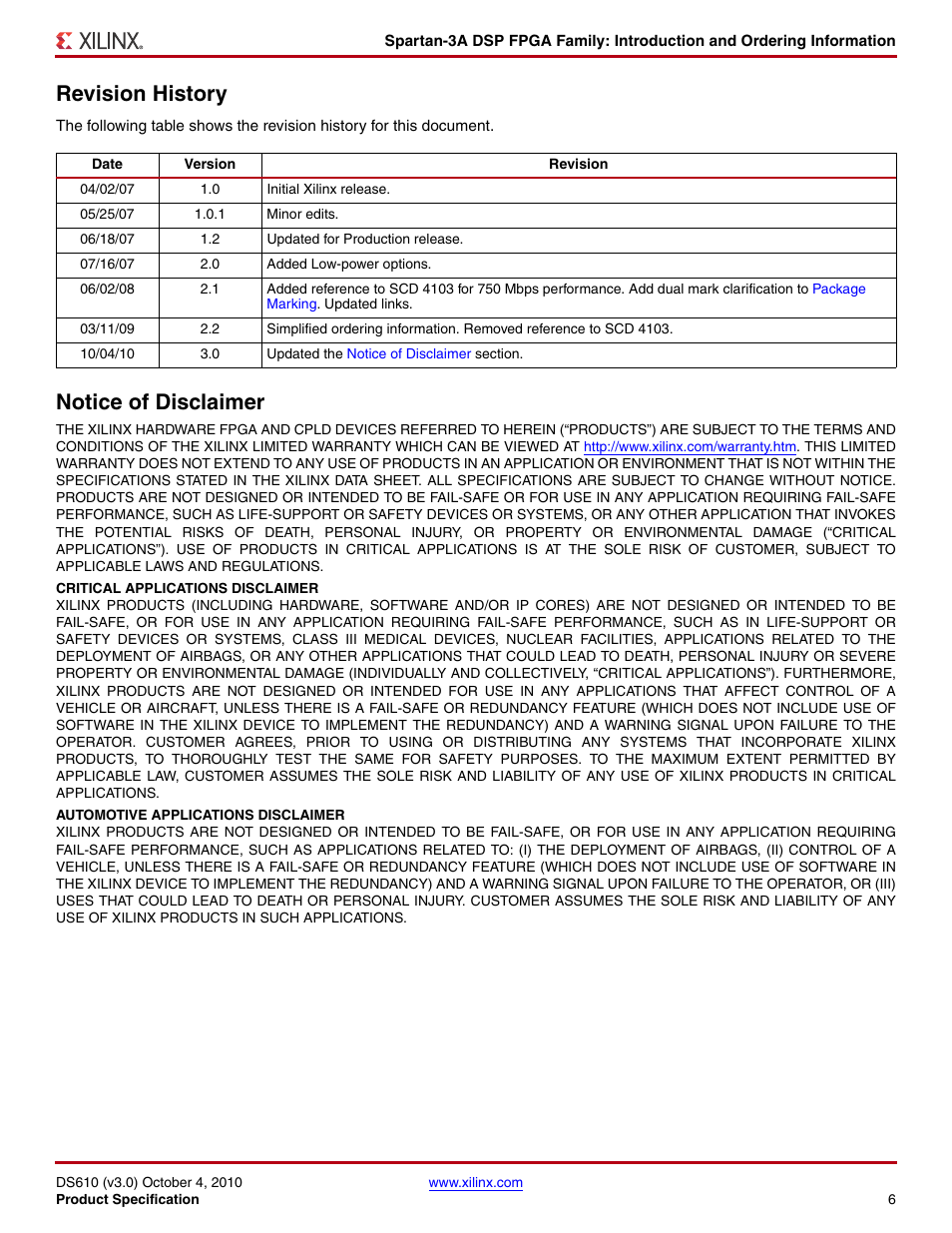 Revision history, Notice of disclaimer | Xilinx DS610 User Manual | Page 6 / 101