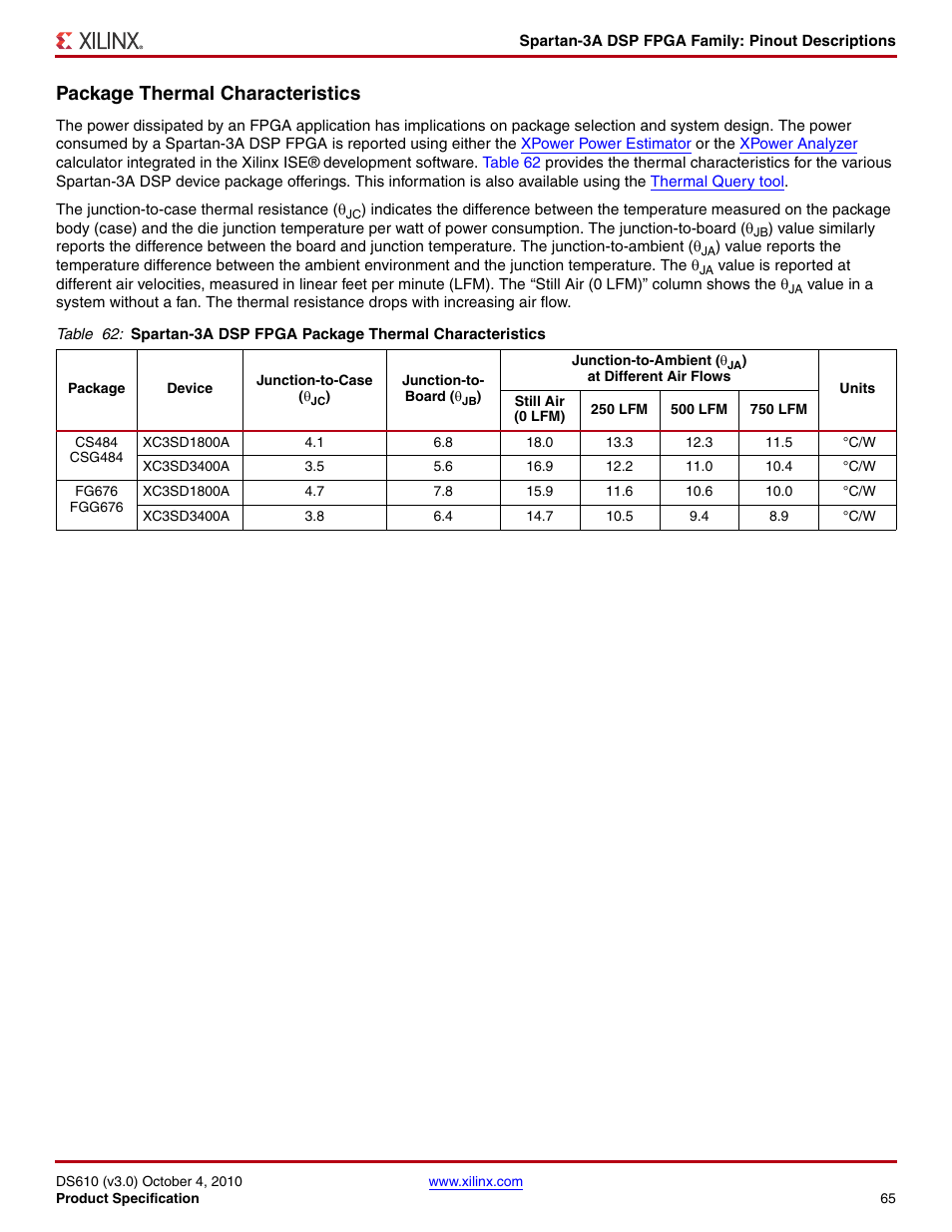 Package thermal characteristics | Xilinx DS610 User Manual | Page 65 / 101