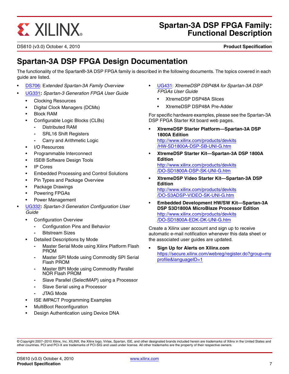 Functional description, Spartan-3a dsp fpga design documentation, Ds610 (v3.0) october 4, 2010 | Spartan-3a dsp fpga family: functional description | Xilinx DS610 User Manual | Page 7 / 101