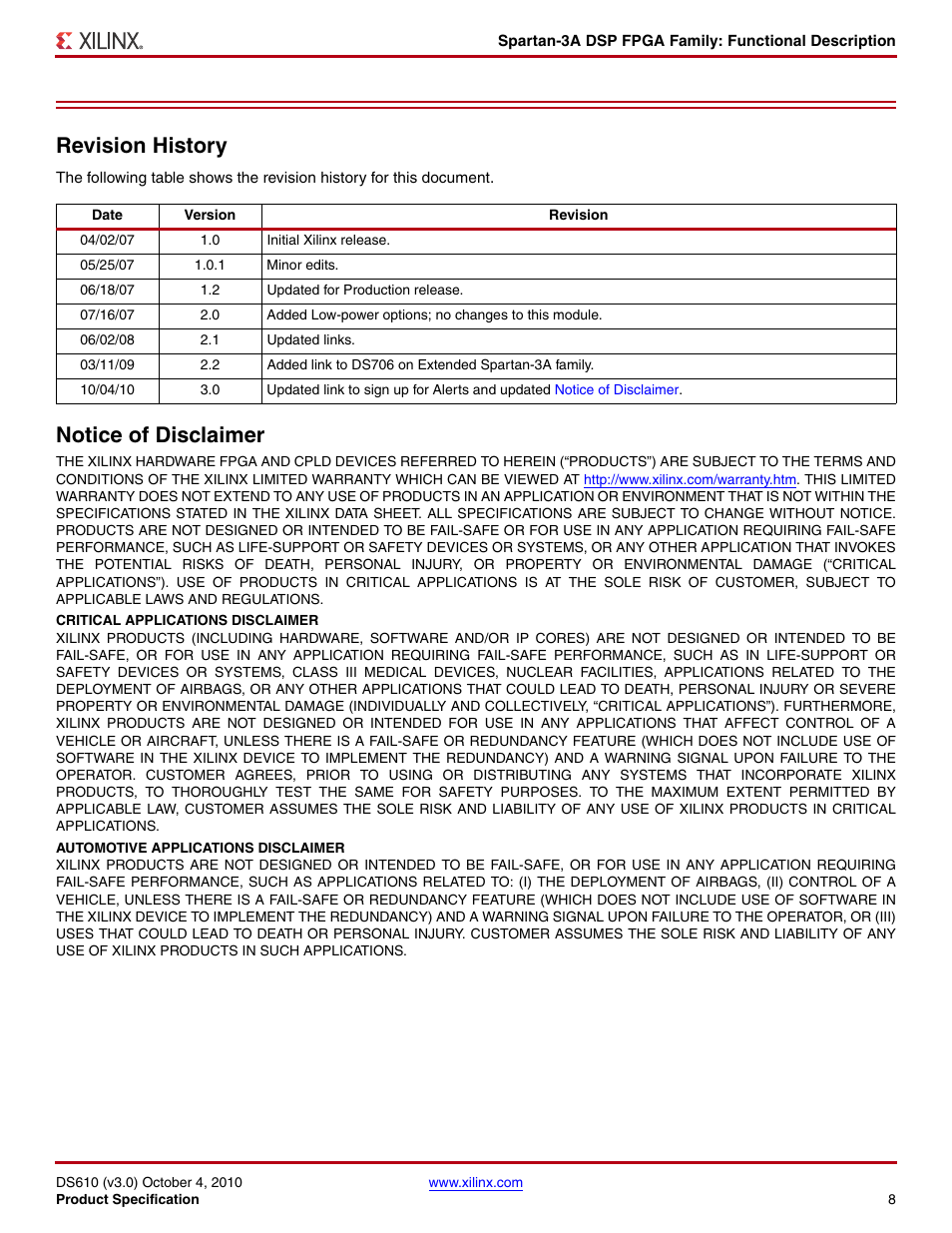 Revision history, Notice of disclaimer | Xilinx DS610 User Manual | Page 8 / 101