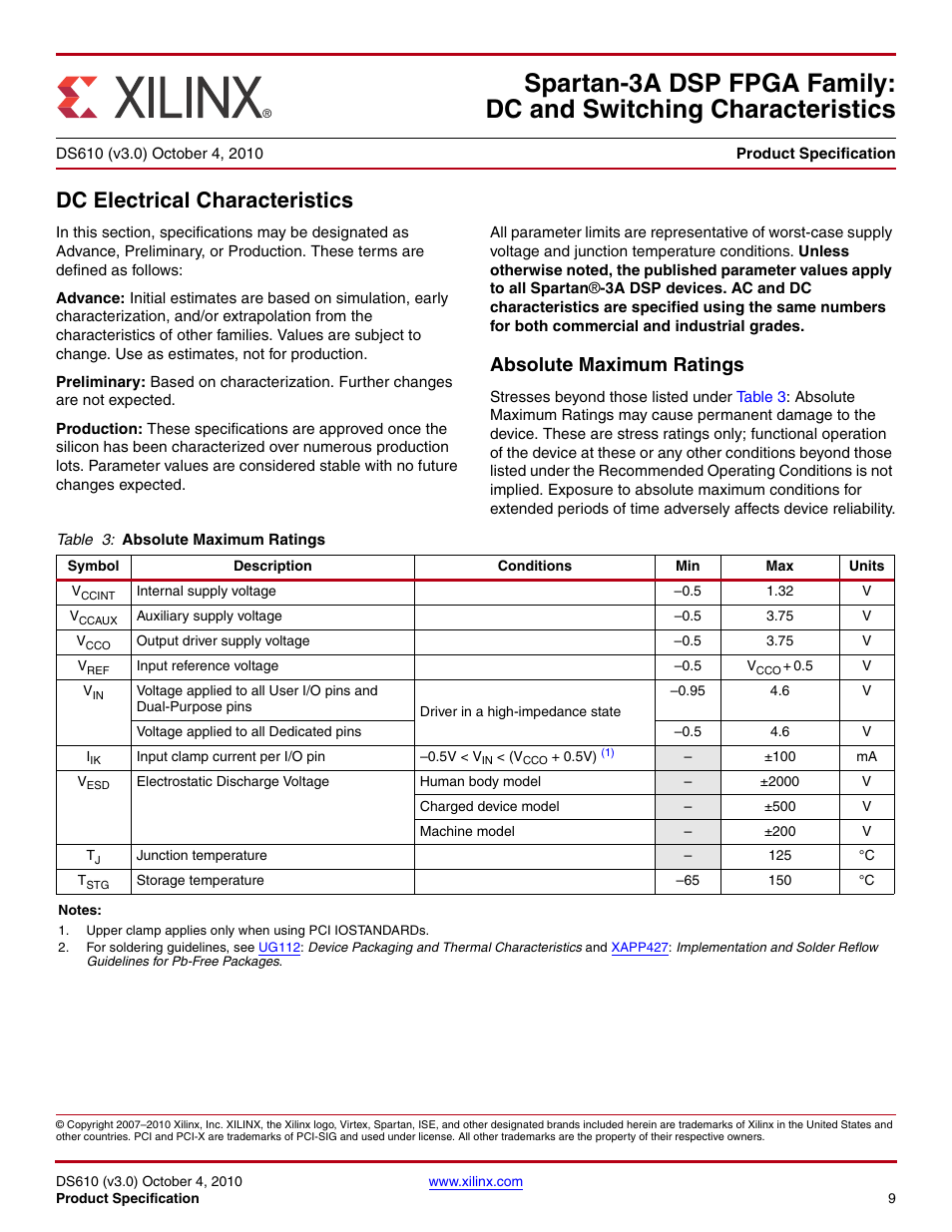 Dc and switching characteristics, Dc electrical characteristics, Absolute maximum ratings | Ds610 (v3.0) october 4, 2010 | Xilinx DS610 User Manual | Page 9 / 101