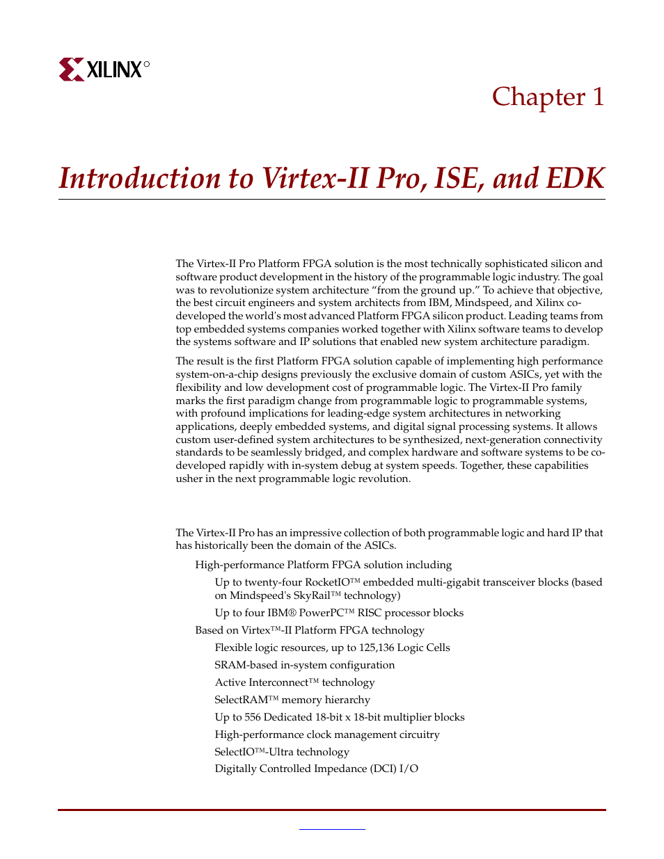 Introduction to virtex-ii pro, ise, and edk, Virtex-ii pro, Summary of virtex-ii pro features | Chapter 1 | Xilinx ML310 User Manual | Page 11 / 70