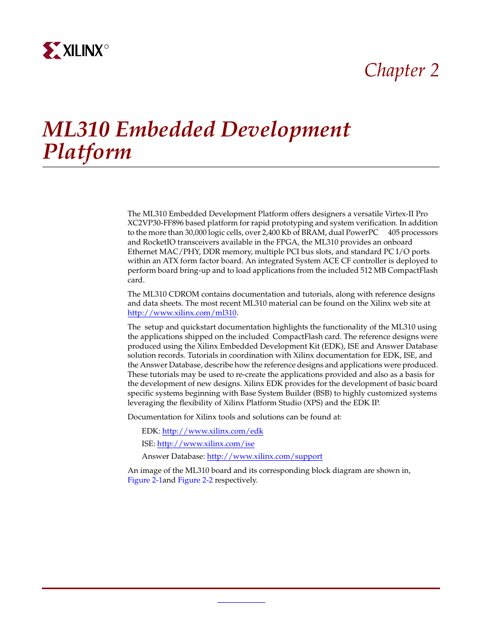 Ml310 embedded development platform, Overview, Chapter 2: ml310 embedded development platform | Chapter 2 | Xilinx ML310 User Manual | Page 17 / 70