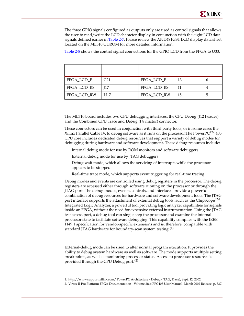 Cpu debug and cpu trace, Cpu debug description | Xilinx ML310 User Manual | Page 33 / 70