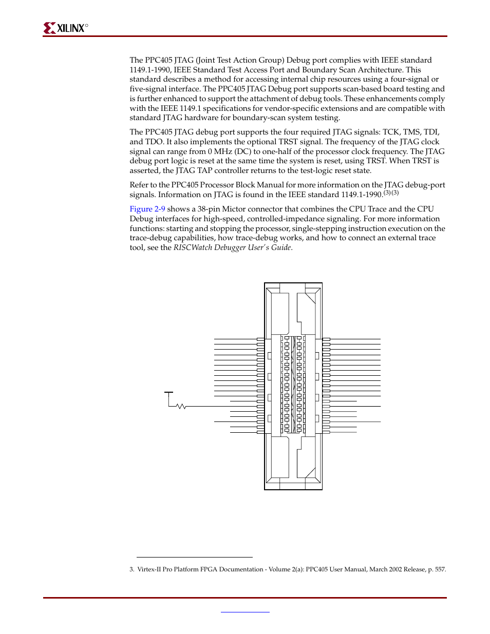 Chapter 2: ml310 embedded development platform, Figure 2-9: combined trace/debug connector pinout | Xilinx ML310 User Manual | Page 34 / 70