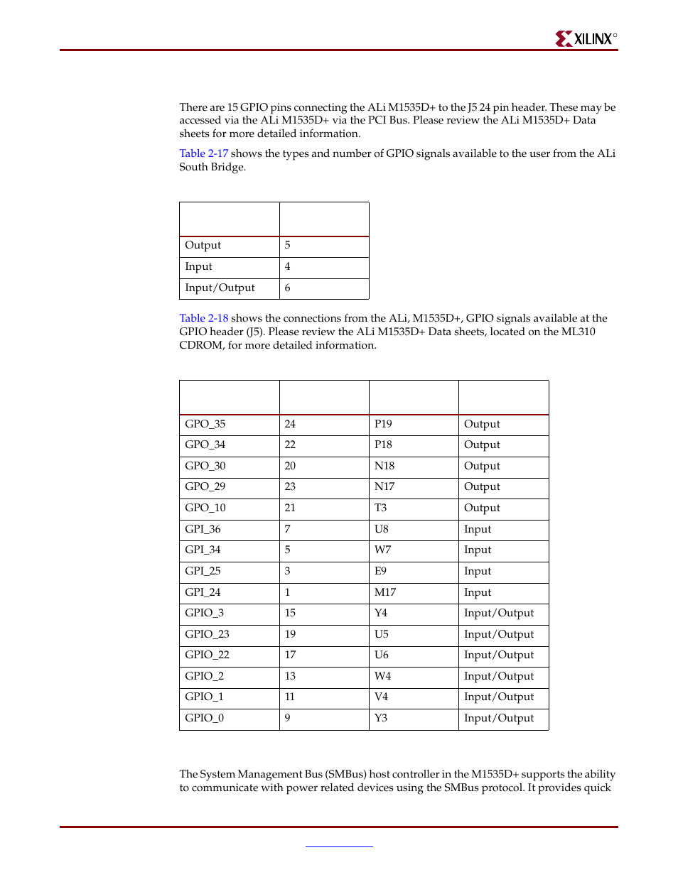 Gpio, connector j5, System management bus (smbus) | Xilinx ML310 User Manual | Page 45 / 70