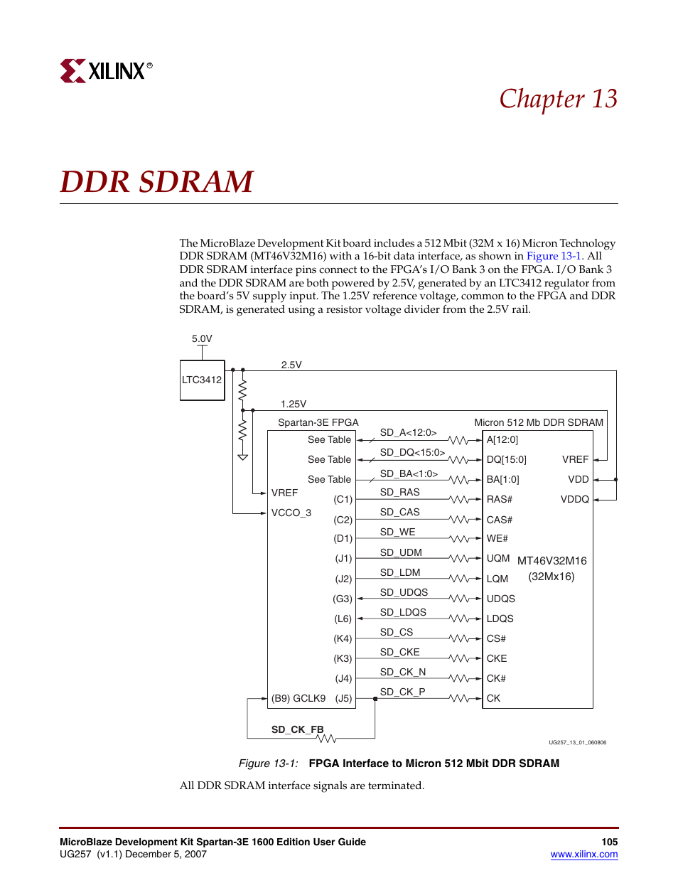 Ddr sdram, Chapter 13: ddr sdram, Chapter 13, “ddr sdram | Chapter 13 | Xilinx MIcroblaze Development Spartan-3E 1600E User Manual | Page 107 / 168