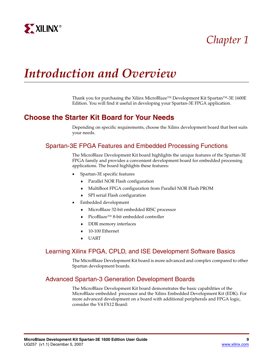 Introduction and overview, Choose the starter kit board for your needs, Advanced spartan-3 generation development boards | Chapter 1: introduction and overview, Chapter 1, “introduction and overview, Chapter 1 | Xilinx MIcroblaze Development Spartan-3E 1600E User Manual | Page 11 / 168