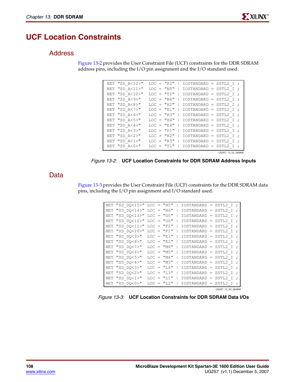 Ucf location constraints, Address, Data | Xilinx MIcroblaze Development Spartan-3E 1600E User Manual | Page 110 / 168