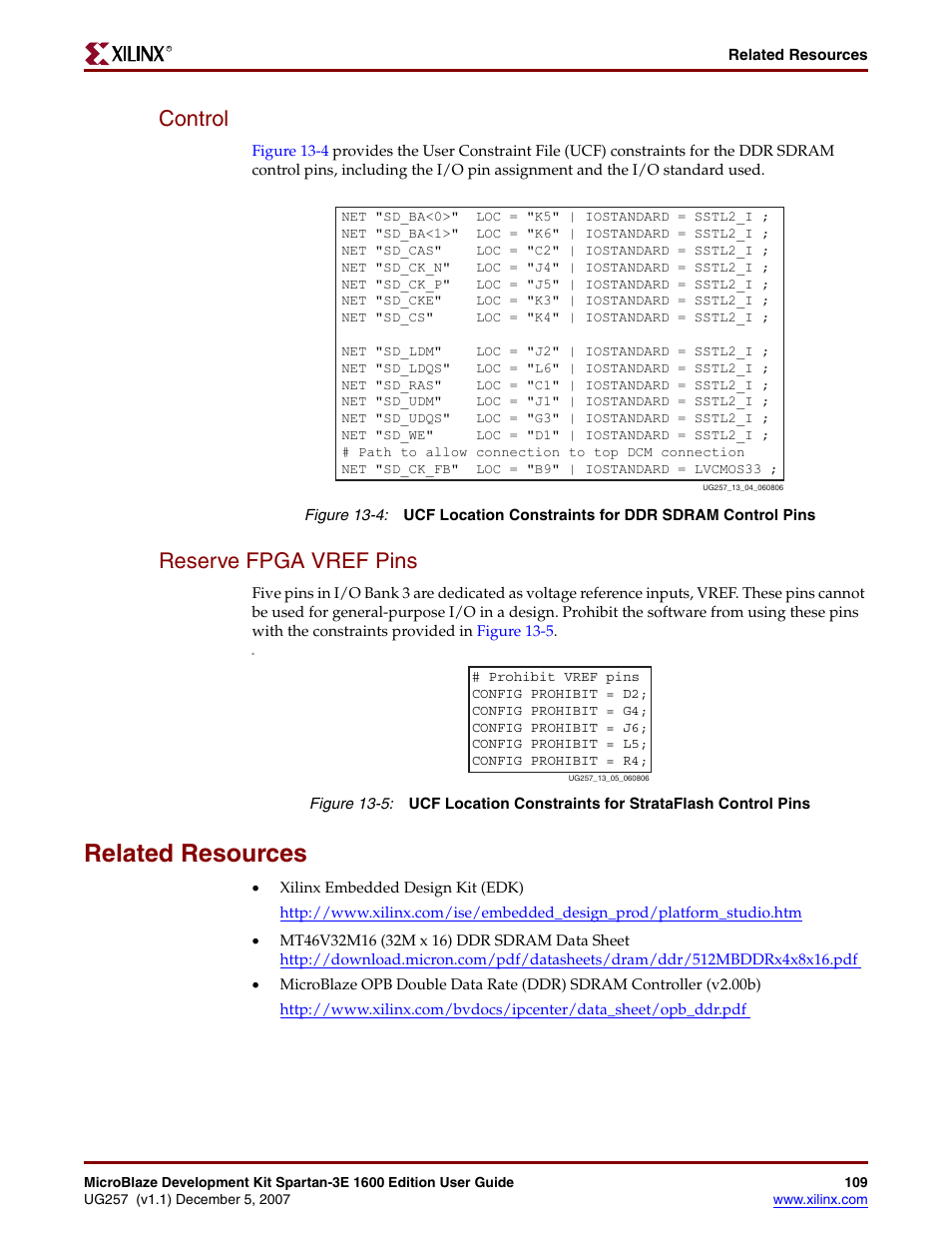 Control, Reserve fpga vref pins, Related resources | Xilinx MIcroblaze Development Spartan-3E 1600E User Manual | Page 111 / 168