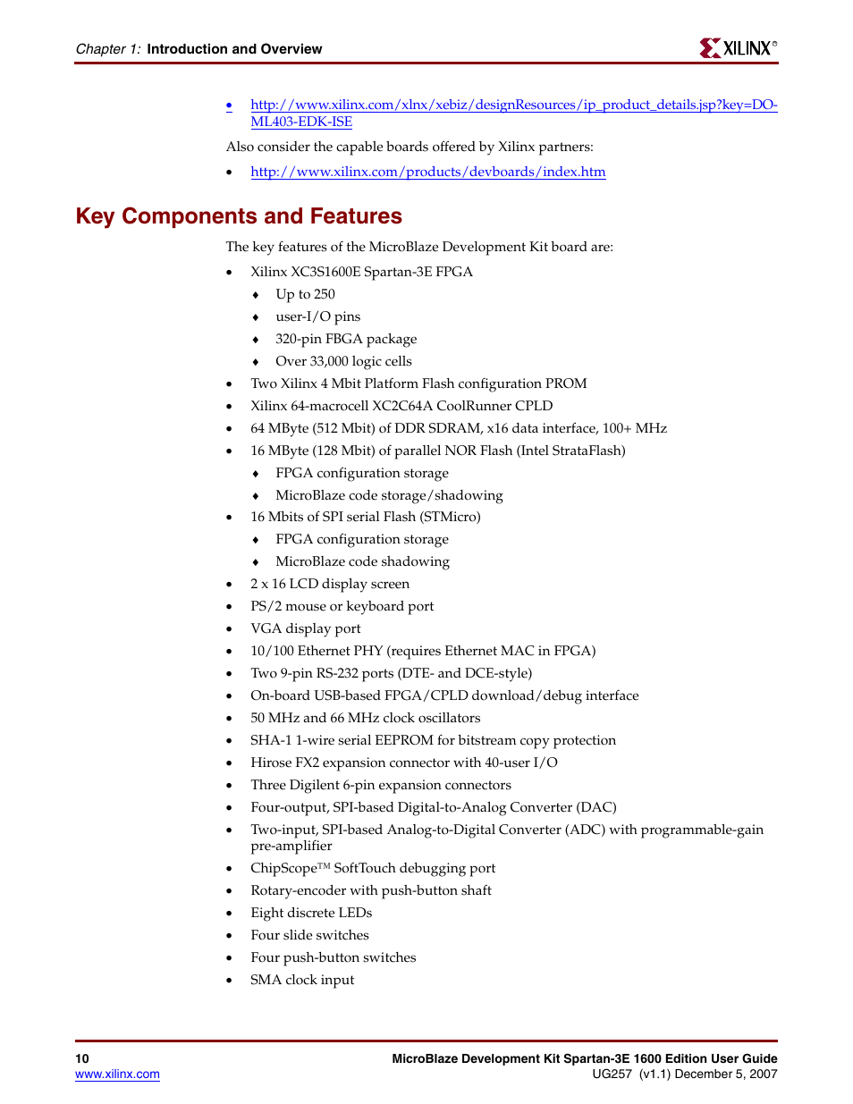 Key components and features | Xilinx MIcroblaze Development Spartan-3E 1600E User Manual | Page 12 / 168