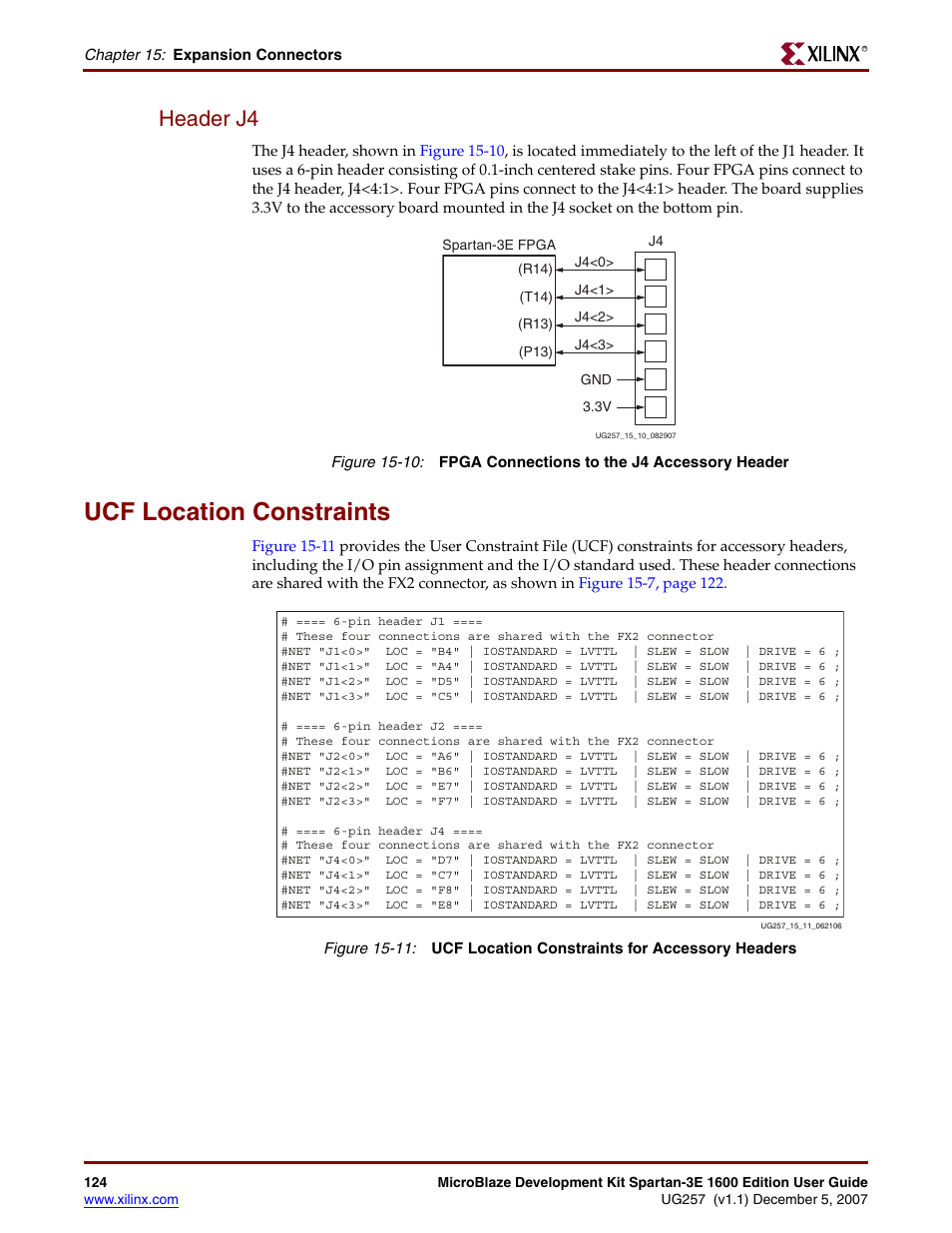 Header j4, Ucf location constraints | Xilinx MIcroblaze Development Spartan-3E 1600E User Manual | Page 126 / 168