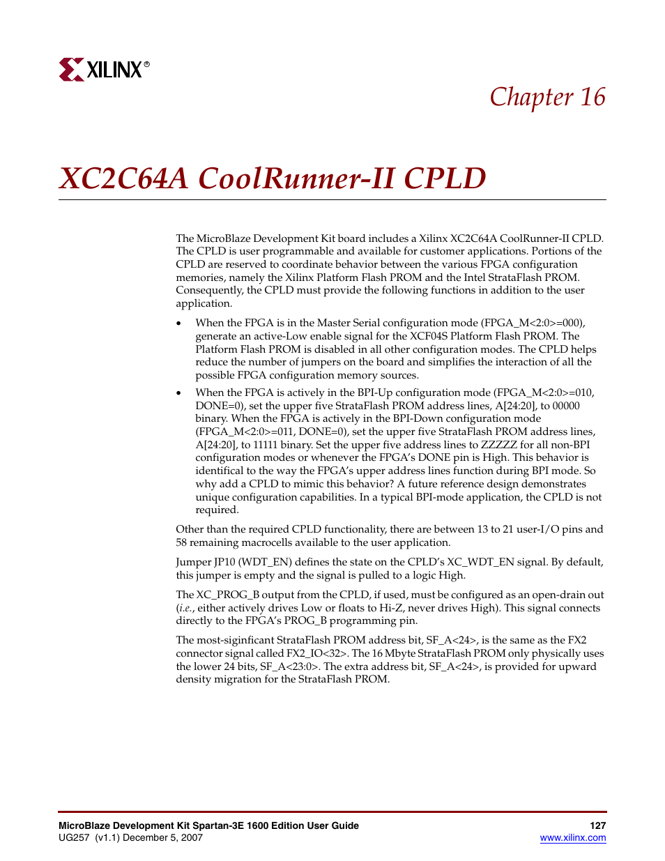 Xc2c64a coolrunner-ii cpld, Chapter 16: xc2c64a coolrunner-ii cpld, Chapter 16, “xc2c64a coolrunner-ii cpld | Chapter 16, “xc2c64a, Coolrunner-ii cpld, Chapter 16 | Xilinx MIcroblaze Development Spartan-3E 1600E User Manual | Page 129 / 168