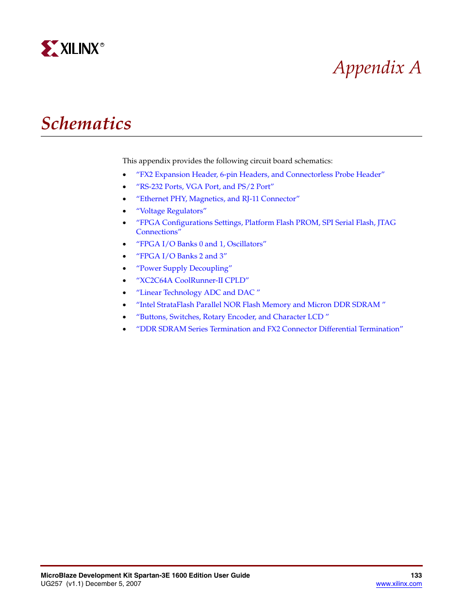 Schematics, Appendix a: schematics, Appendix a, “schematics | Appendix a schematics | Xilinx MIcroblaze Development Spartan-3E 1600E User Manual | Page 135 / 168