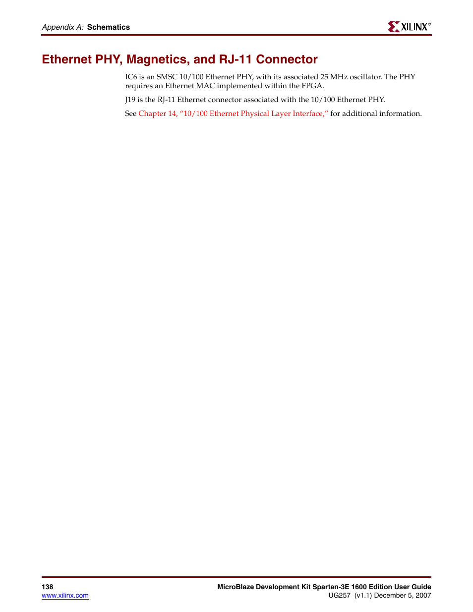 Ethernet phy, magnetics, and rj-11 connector | Xilinx MIcroblaze Development Spartan-3E 1600E User Manual | Page 140 / 168