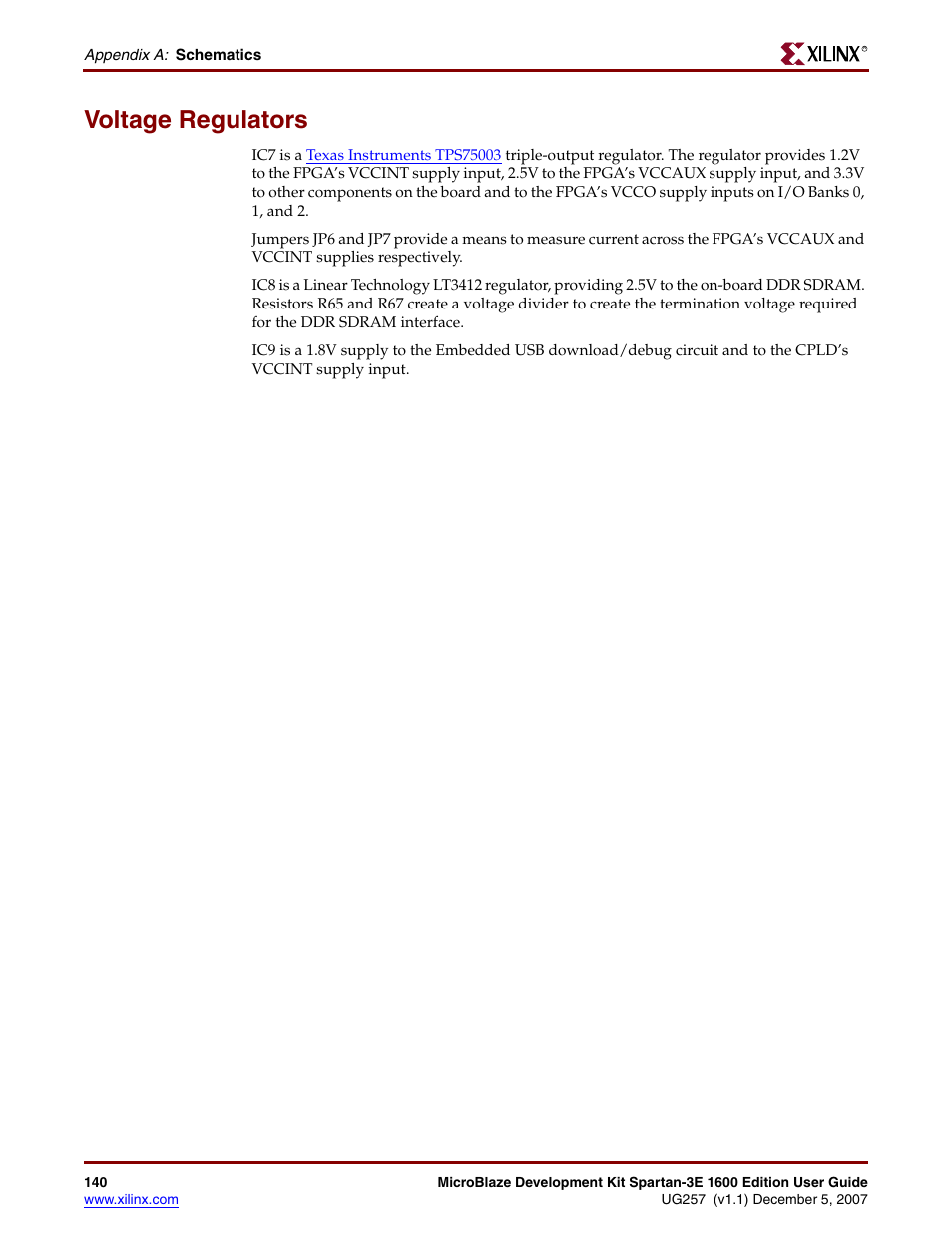 Voltage regulators | Xilinx MIcroblaze Development Spartan-3E 1600E User Manual | Page 142 / 168