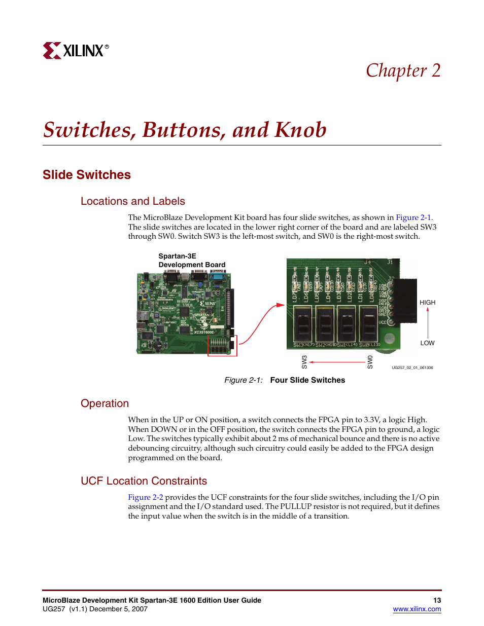 Switches, buttons, and knob, Slide switches, Locations and labels | Operation, Ucf location constraints, Chapter 2: switches, buttons, and knob, Chapter 2, “switches, buttons, and knob, Chapter 2 | Xilinx MIcroblaze Development Spartan-3E 1600E User Manual | Page 15 / 168