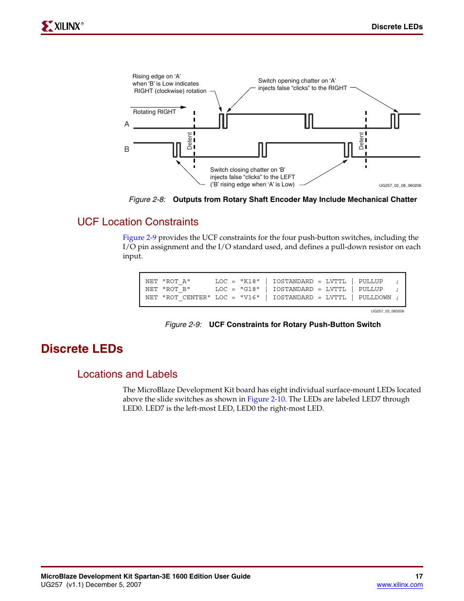 Ucf location constraints, Discrete leds, Locations and labels | Figure 2-9, Figure 2-8 | Xilinx MIcroblaze Development Spartan-3E 1600E User Manual | Page 19 / 168