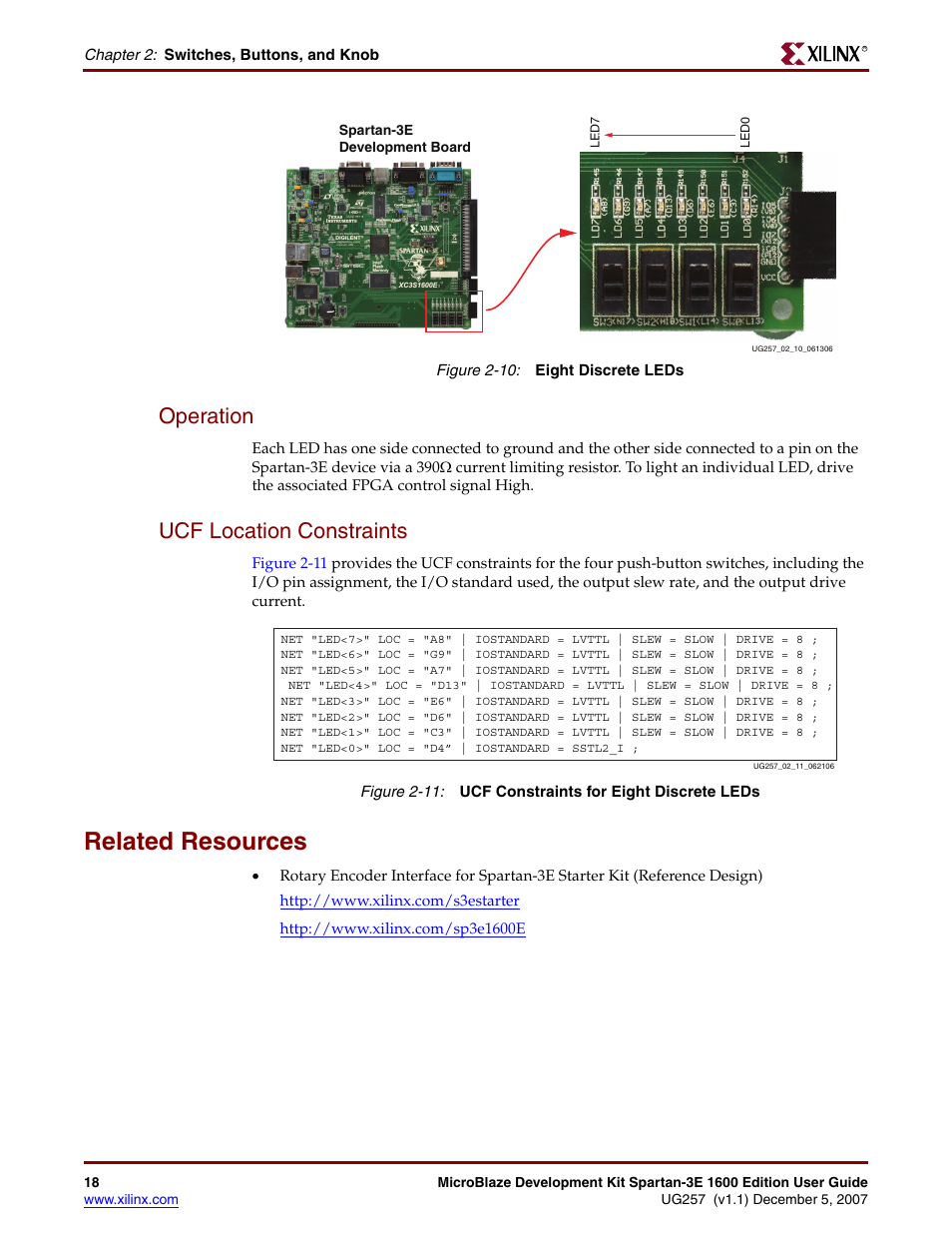 Operation, Ucf location constraints, Related resources | Xilinx MIcroblaze Development Spartan-3E 1600E User Manual | Page 20 / 168