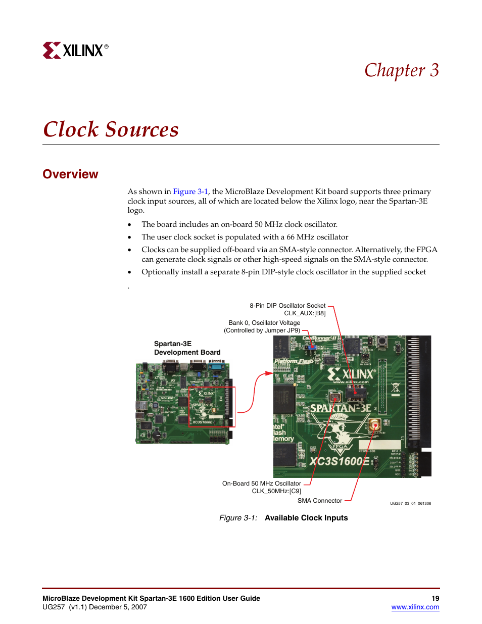 Clock sources, Overview, Chapter 3: clock sources | Chapter 3, “clock sources, Chapter 3 | Xilinx MIcroblaze Development Spartan-3E 1600E User Manual | Page 21 / 168