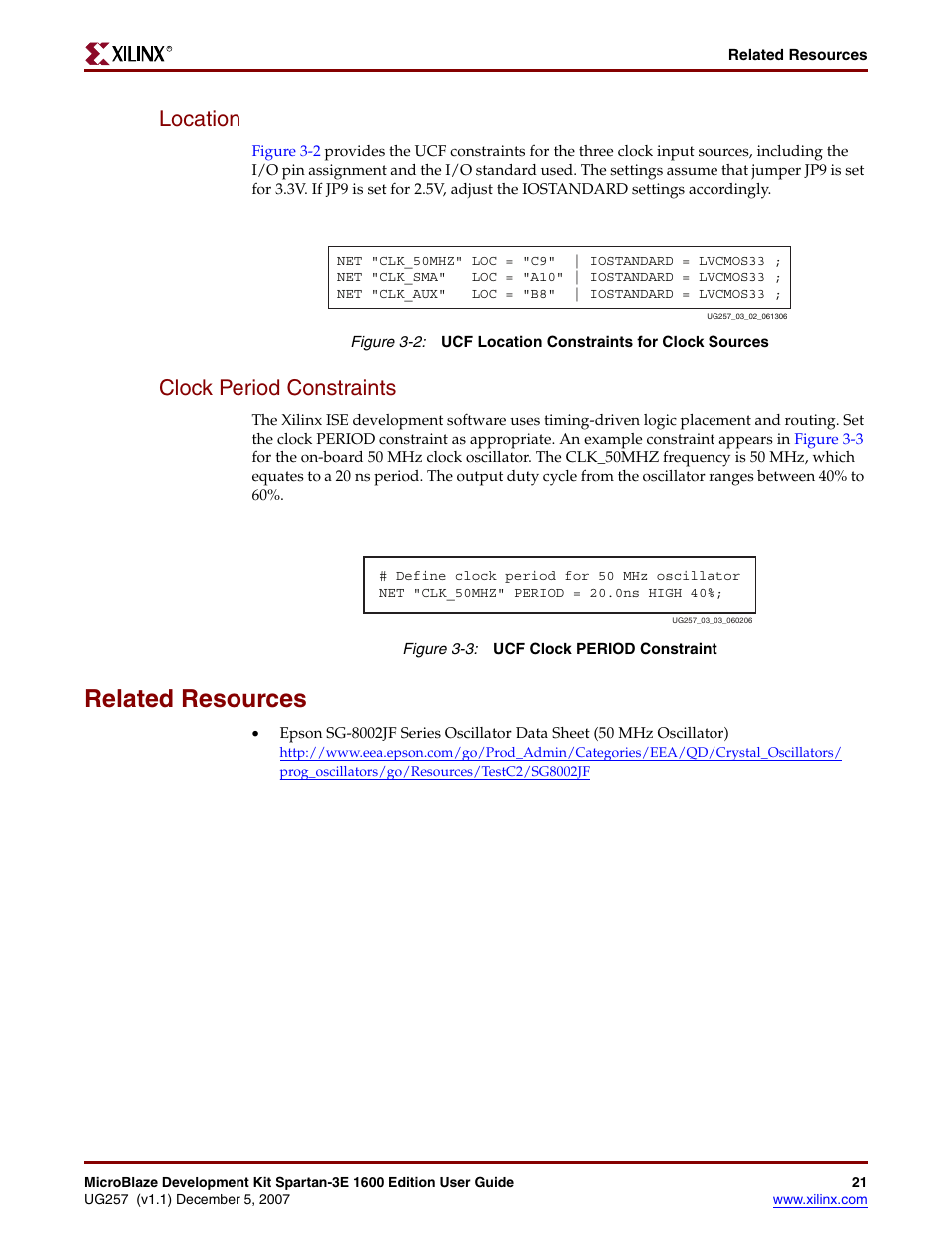 Location, Clock period constraints, Related resources | Xilinx MIcroblaze Development Spartan-3E 1600E User Manual | Page 23 / 168