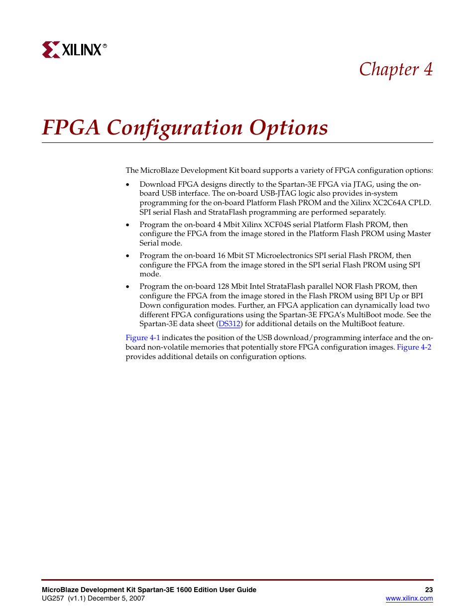 Fpga configuration options, Chapter 4: fpga configuration options, Chapter 4, “fpga configuration options | Chapter 4 | Xilinx MIcroblaze Development Spartan-3E 1600E User Manual | Page 25 / 168