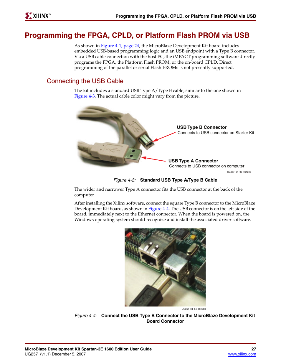 Connecting the usb cable | Xilinx MIcroblaze Development Spartan-3E 1600E User Manual | Page 29 / 168