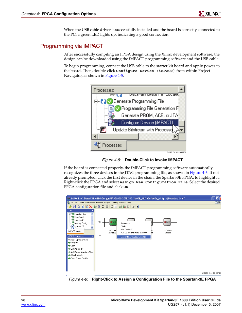Programming via impact | Xilinx MIcroblaze Development Spartan-3E 1600E User Manual | Page 30 / 168