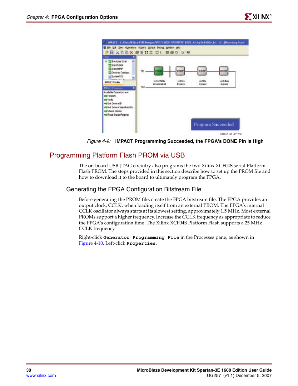 Programming platform flash prom via usb, Generating the fpga configuration bitstream file | Xilinx MIcroblaze Development Spartan-3E 1600E User Manual | Page 32 / 168