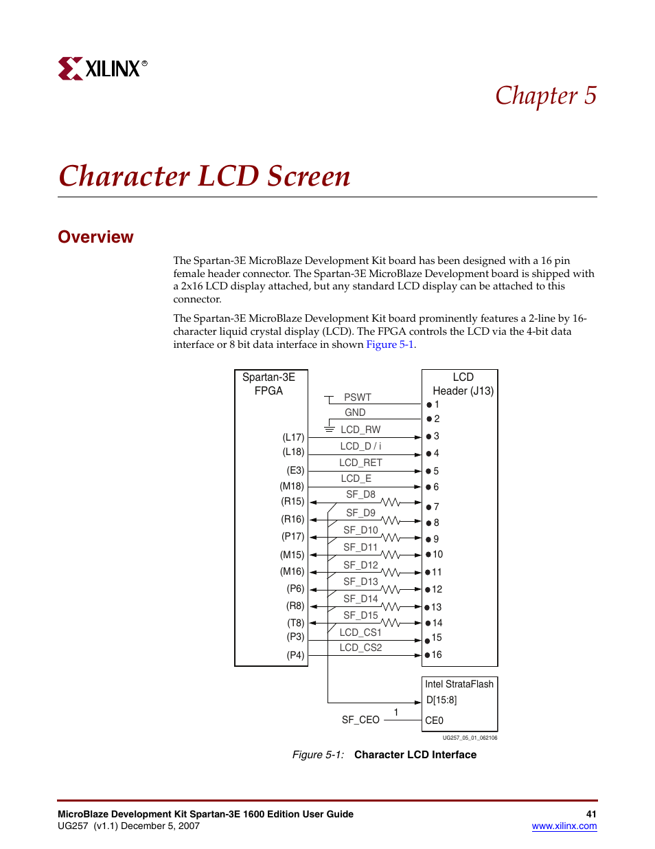 Character lcd screen, Overview, Chapter 5: character lcd screen | Chapter 5, “character lcd screen, Chapter 5 | Xilinx MIcroblaze Development Spartan-3E 1600E User Manual | Page 43 / 168