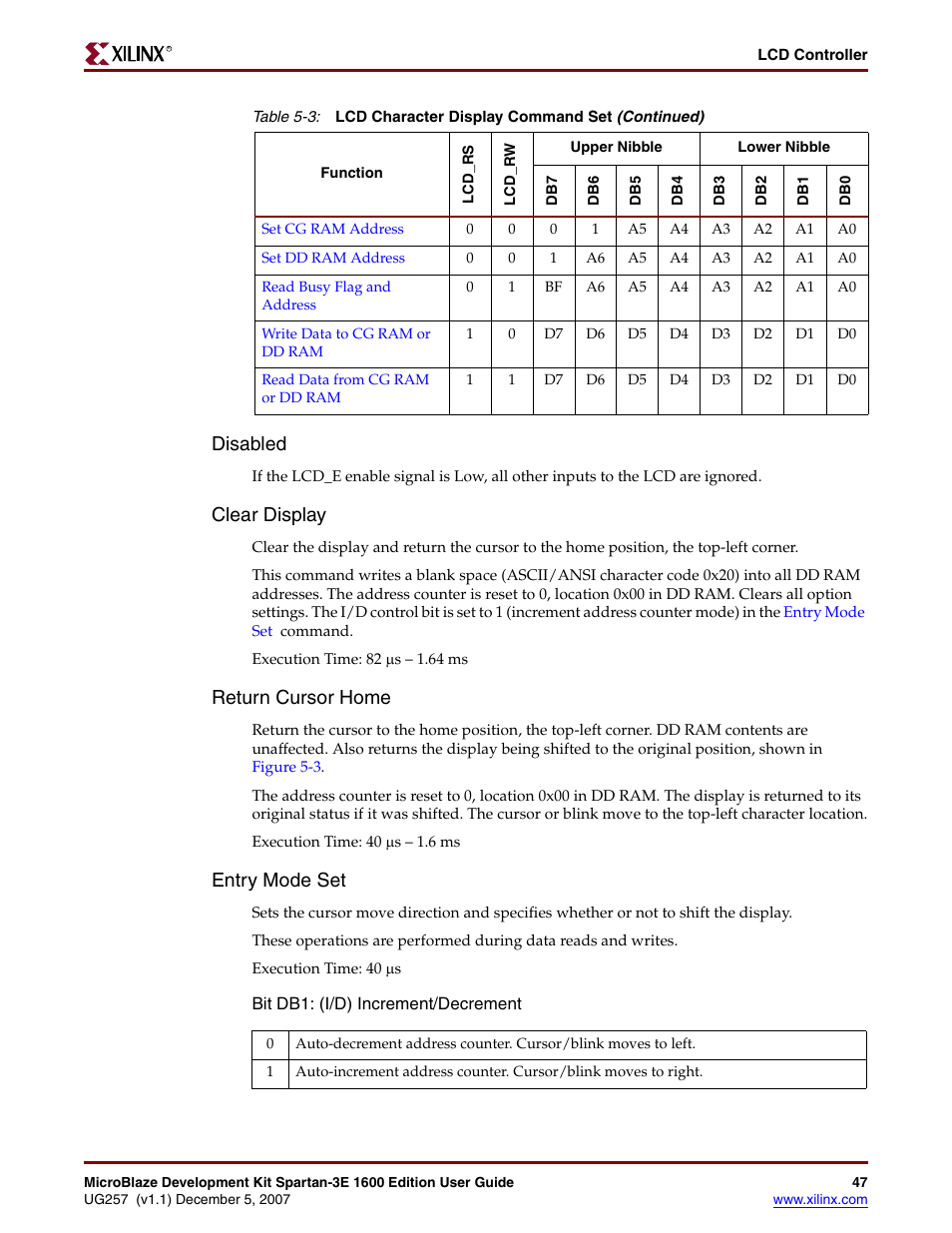 Entry, Mode set, Clear display | Return cursor home, Entry mode set, Disabled | Xilinx MIcroblaze Development Spartan-3E 1600E User Manual | Page 49 / 168