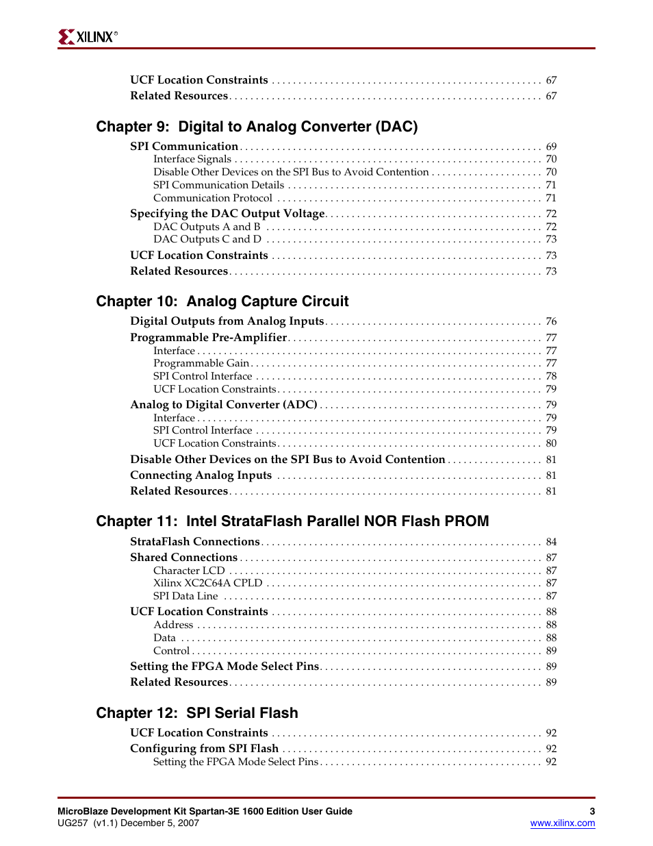 Chapter 9: digital to analog converter (dac), Chapter 10: analog capture circuit, Chapter 12: spi serial flash | Xilinx MIcroblaze Development Spartan-3E 1600E User Manual | Page 5 / 168