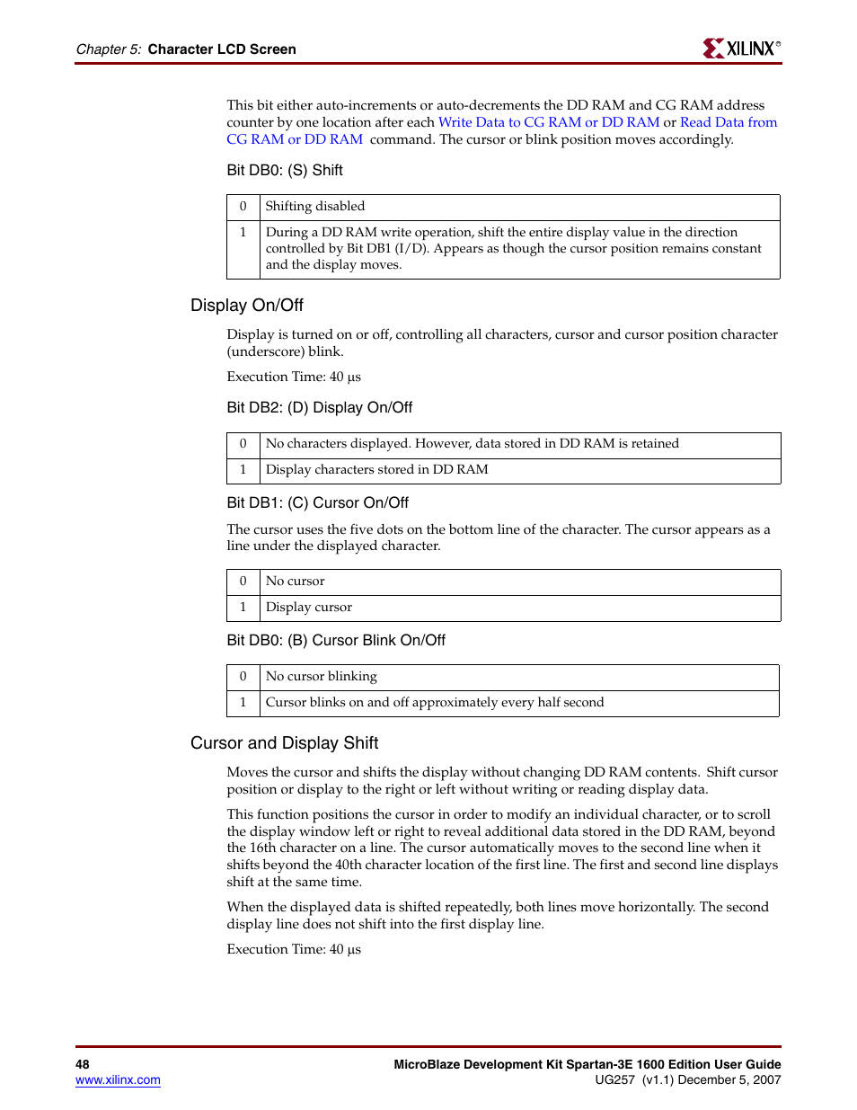 Display on/off, Cursor and display shift | Xilinx MIcroblaze Development Spartan-3E 1600E User Manual | Page 50 / 168