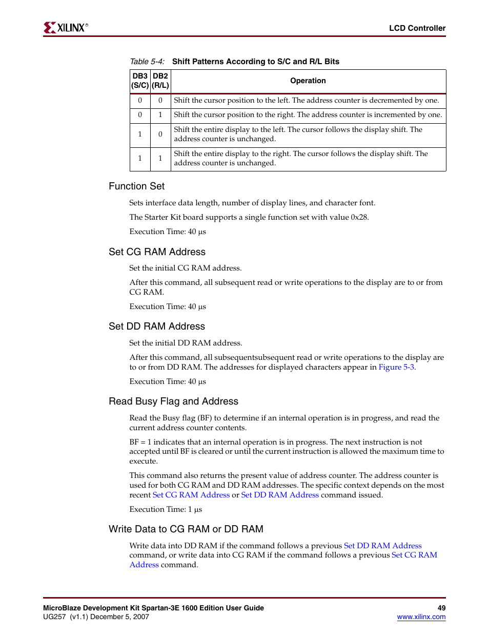 Set dd ram address, Write data to cg ram or dd ram, Set cg ram address | Function set, Read busy flag and address, Each | Xilinx MIcroblaze Development Spartan-3E 1600E User Manual | Page 51 / 168