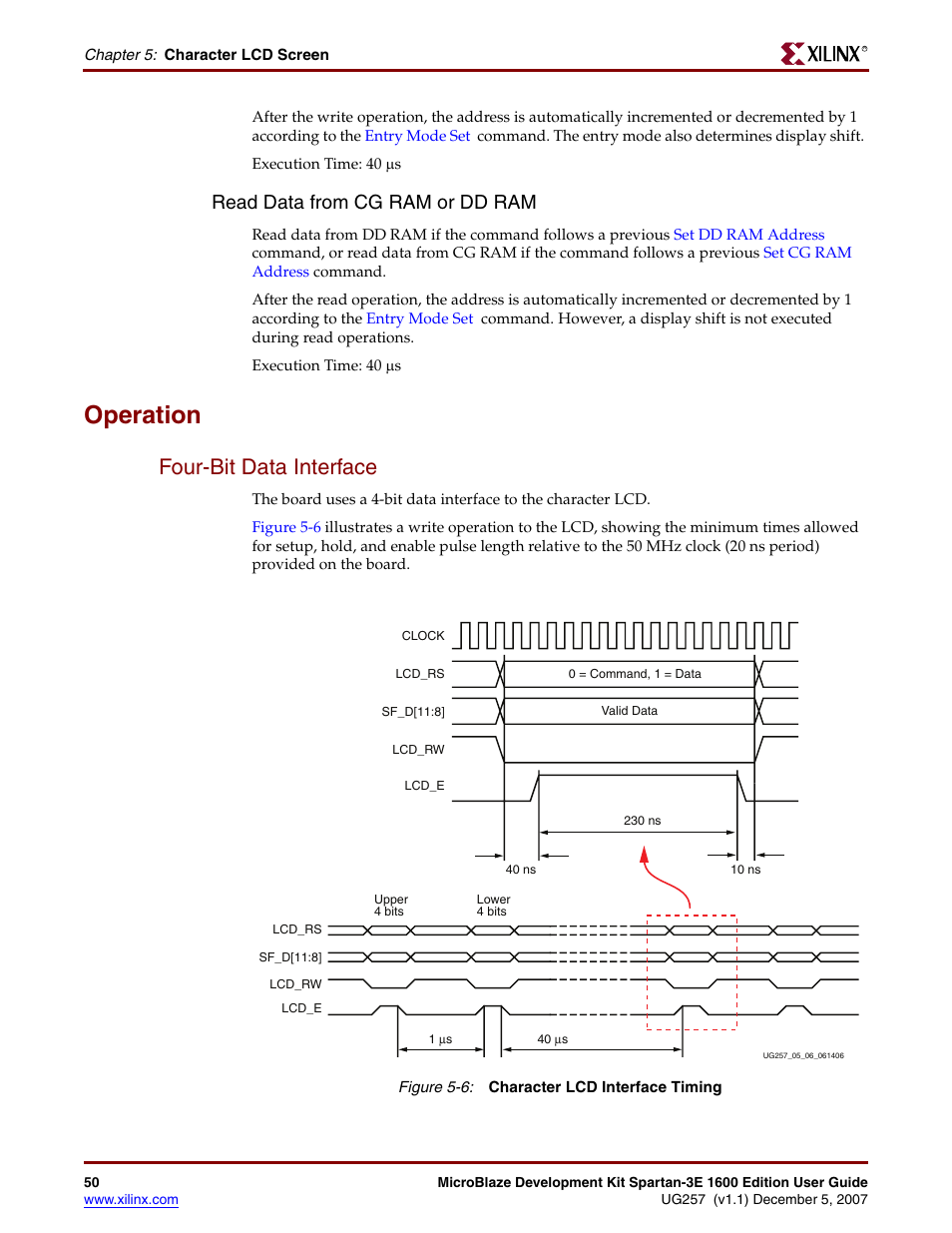 Operation, Four-bit data interface, Read data from cg ram or dd ram | Read data from, Cg ram or dd ram | Xilinx MIcroblaze Development Spartan-3E 1600E User Manual | Page 52 / 168