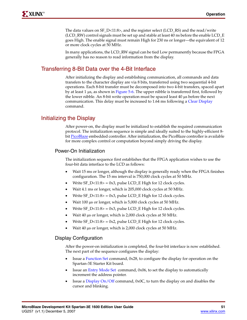 Transferring 8-bit data over the 4-bit interface, Initializing the display, Power-on initialization | Display configuration | Xilinx MIcroblaze Development Spartan-3E 1600E User Manual | Page 53 / 168