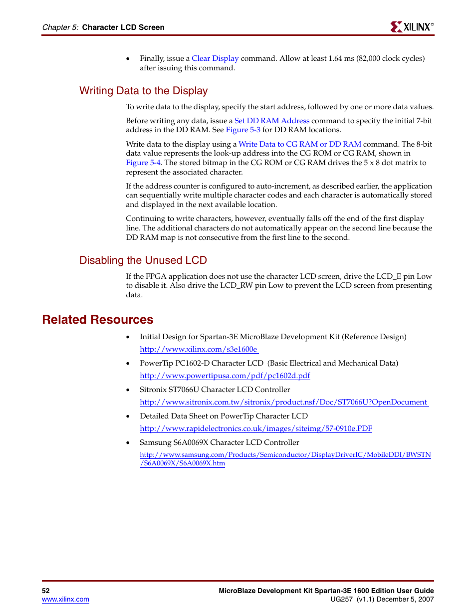 Writing data to the display, Disabling the unused lcd, Related resources | Xilinx MIcroblaze Development Spartan-3E 1600E User Manual | Page 54 / 168