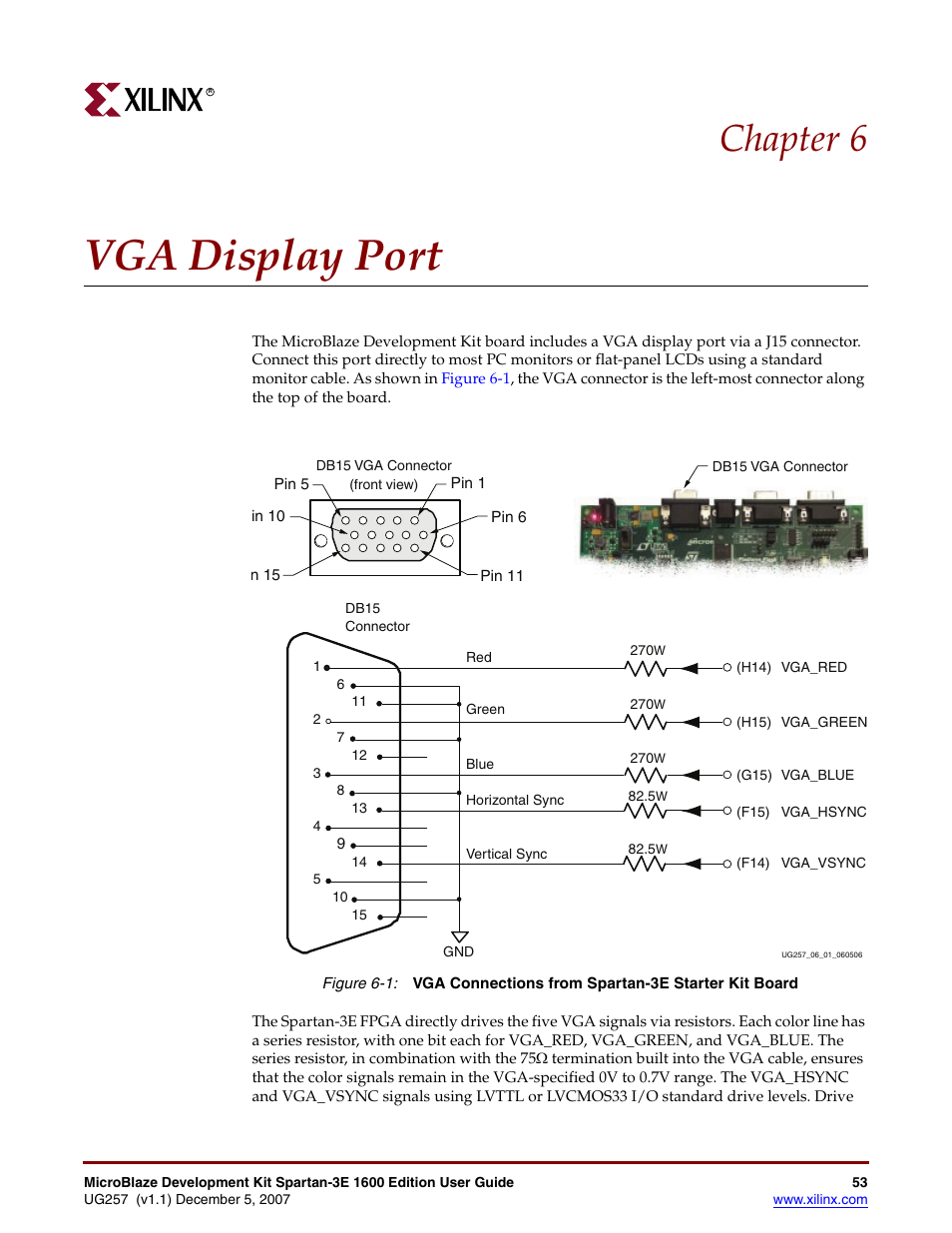 Vga display port, Chapter 6: vga display port, Chapter 6, “vga display port | Chapter 6 | Xilinx MIcroblaze Development Spartan-3E 1600E User Manual | Page 55 / 168