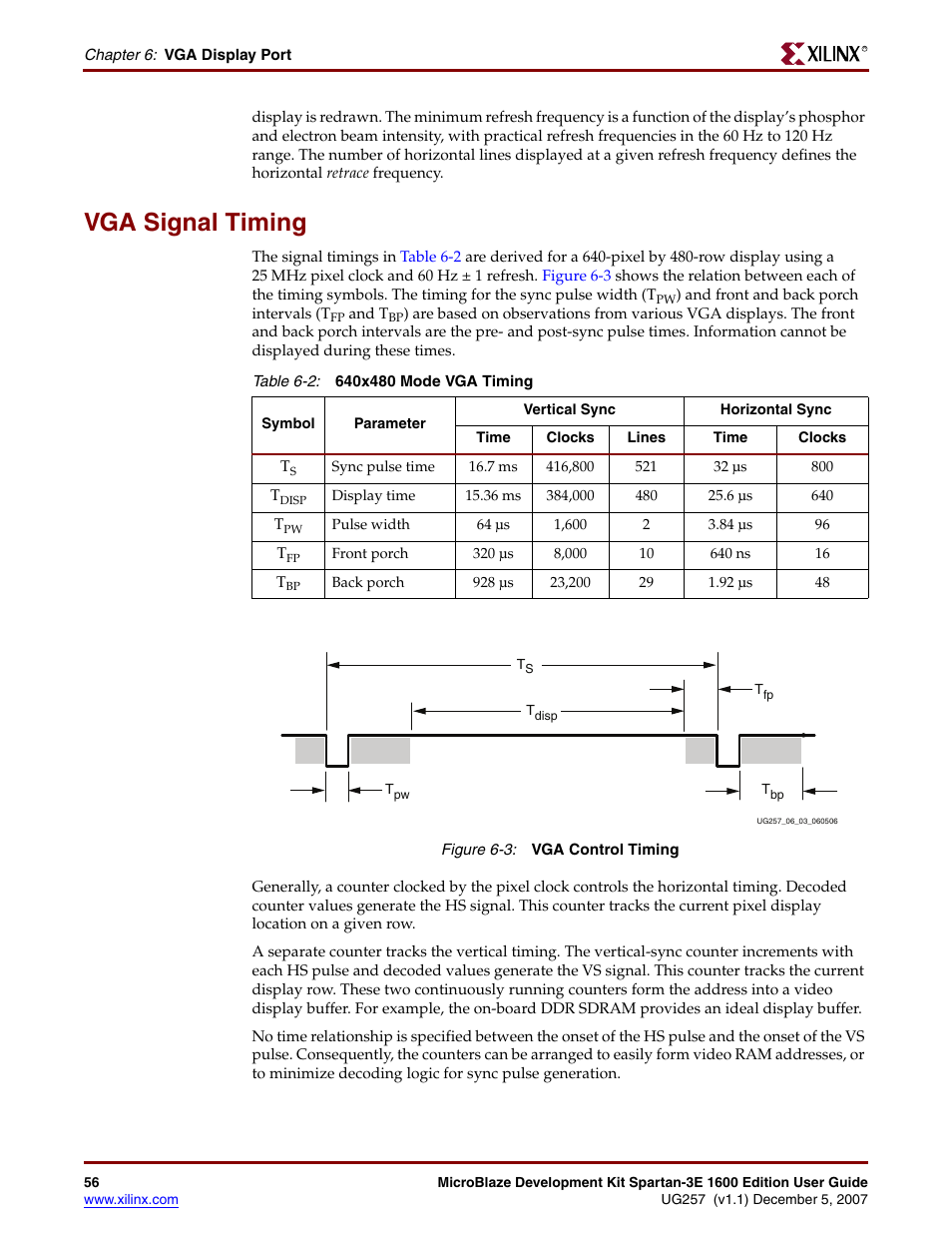 Vga signal timing | Xilinx MIcroblaze Development Spartan-3E 1600E User Manual | Page 58 / 168