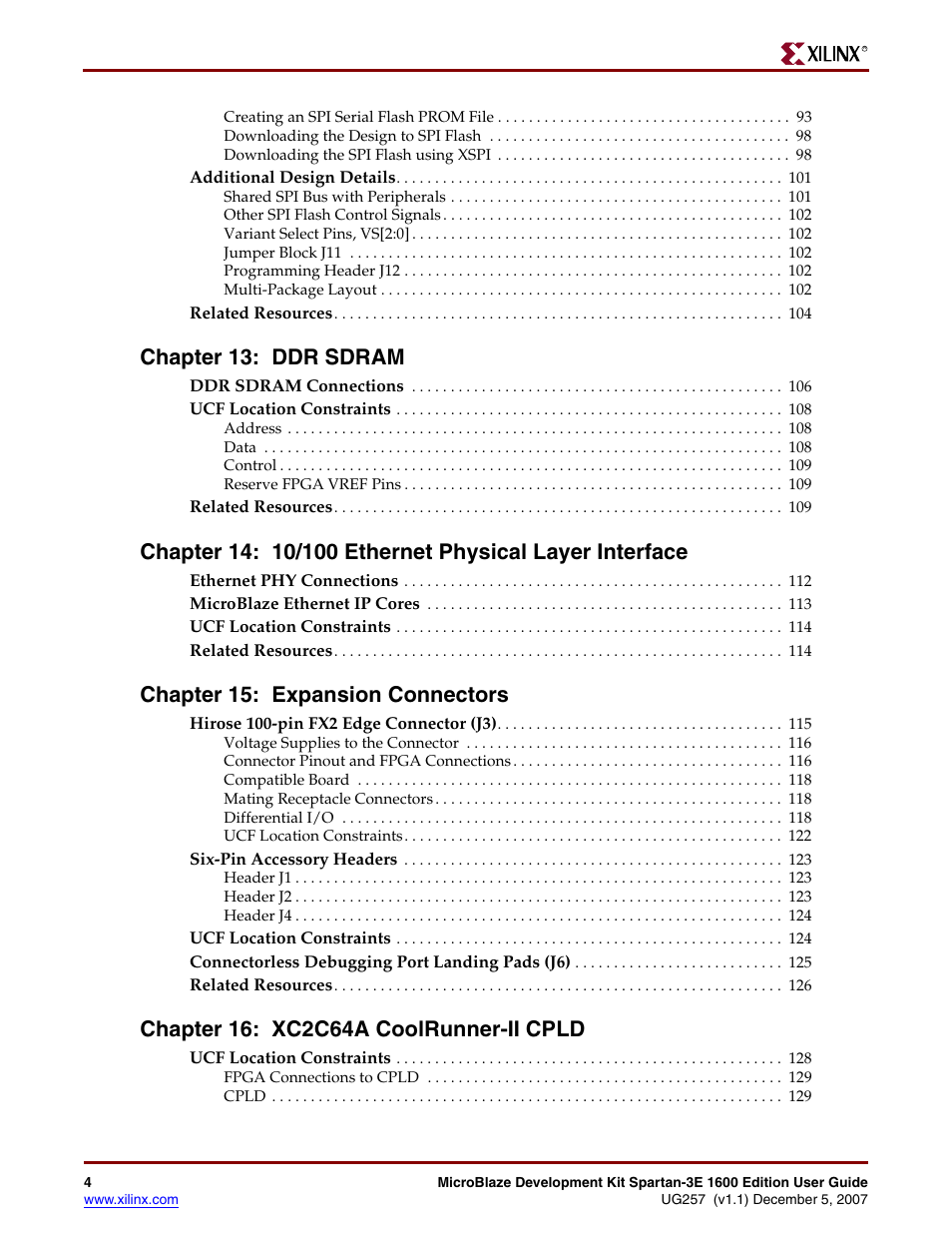 Chapter 13: ddr sdram, Chapter 15: expansion connectors | Xilinx MIcroblaze Development Spartan-3E 1600E User Manual | Page 6 / 168