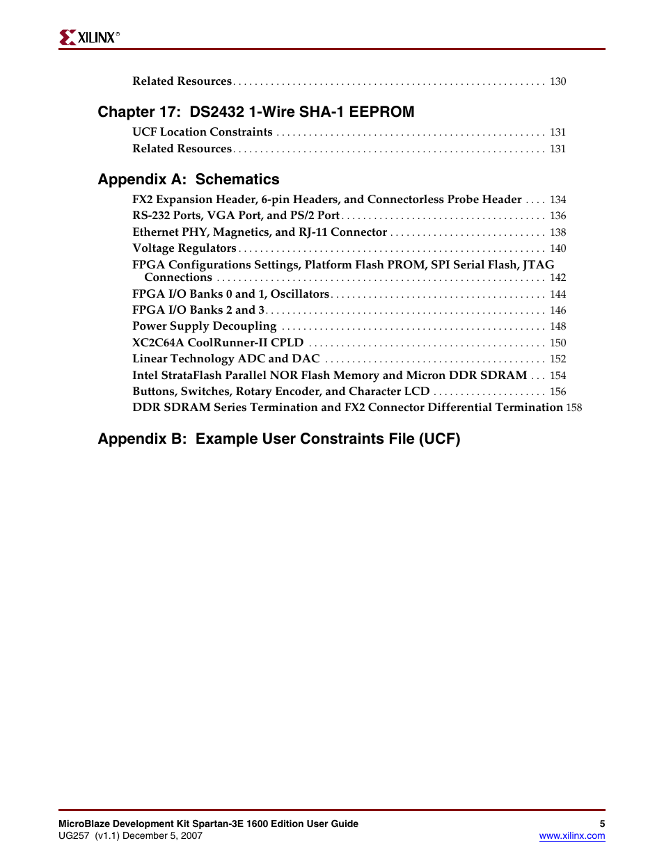 Appendix a: schematics, Appendix b: example user constraints file (ucf) | Xilinx MIcroblaze Development Spartan-3E 1600E User Manual | Page 7 / 168