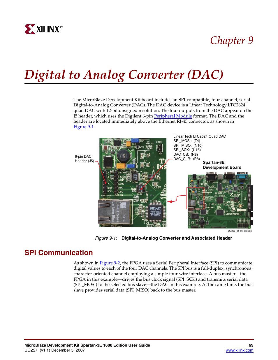 Digital to analog converter (dac), Spi communication, Chapter 9: digital to analog converter (dac) | Chapter 9, “digital to analog converter (dac), Chapter 9 | Xilinx MIcroblaze Development Spartan-3E 1600E User Manual | Page 71 / 168