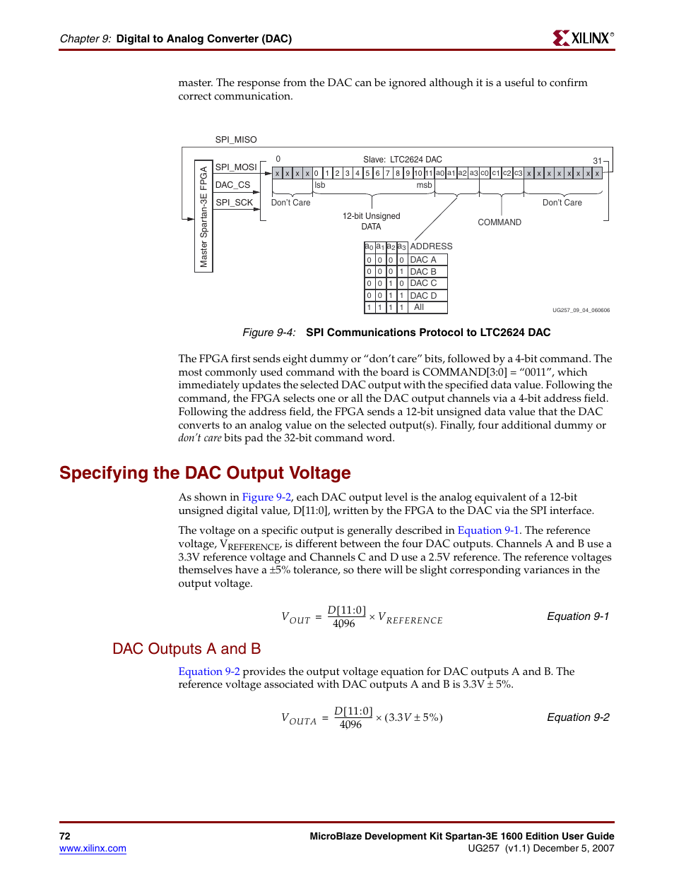 Specifying the dac output voltage, Dac outputs a and b, Figure 9-4 | Xilinx MIcroblaze Development Spartan-3E 1600E User Manual | Page 74 / 168
