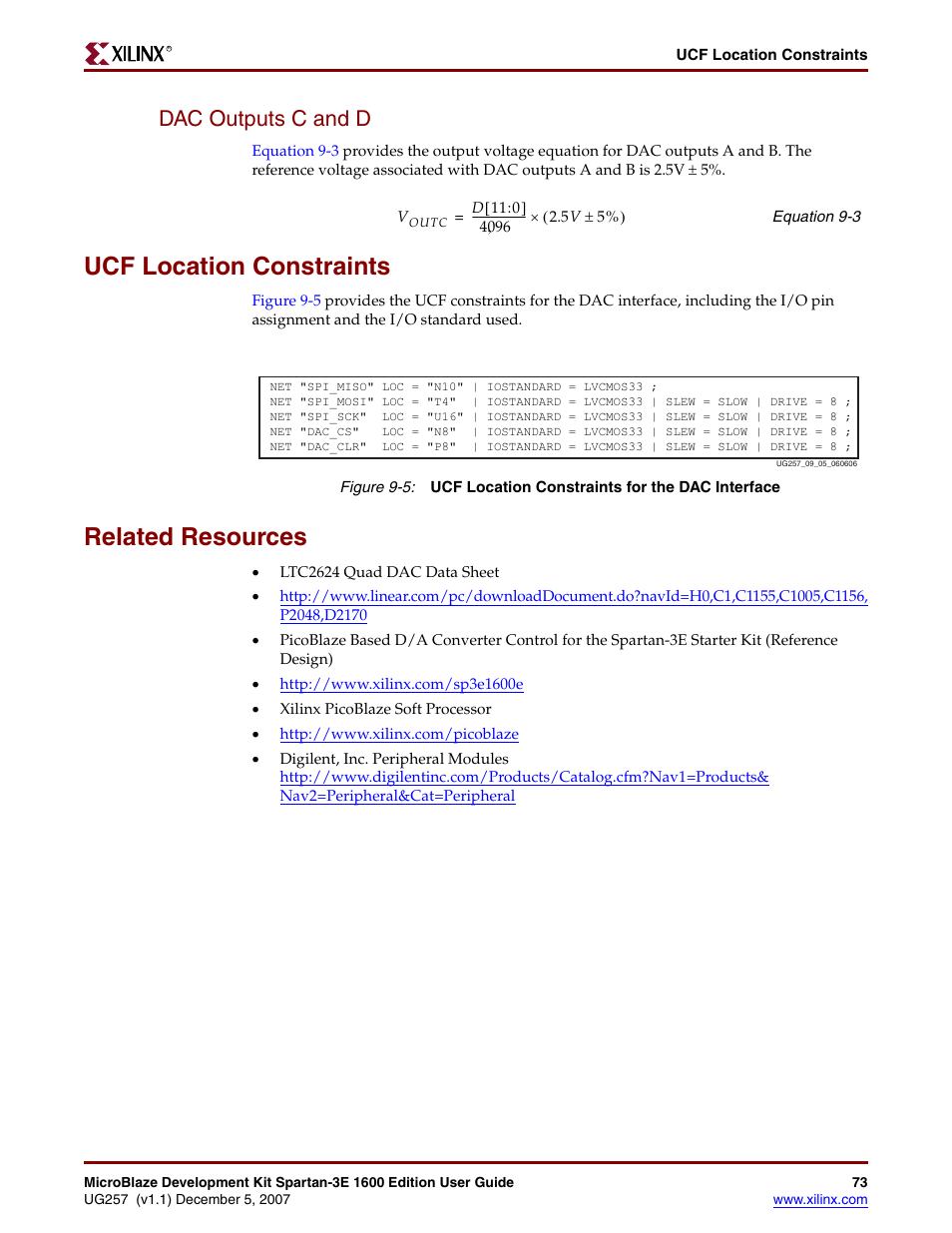 Dac outputs c and d, Ucf location constraints, Related resources | Xilinx MIcroblaze Development Spartan-3E 1600E User Manual | Page 75 / 168