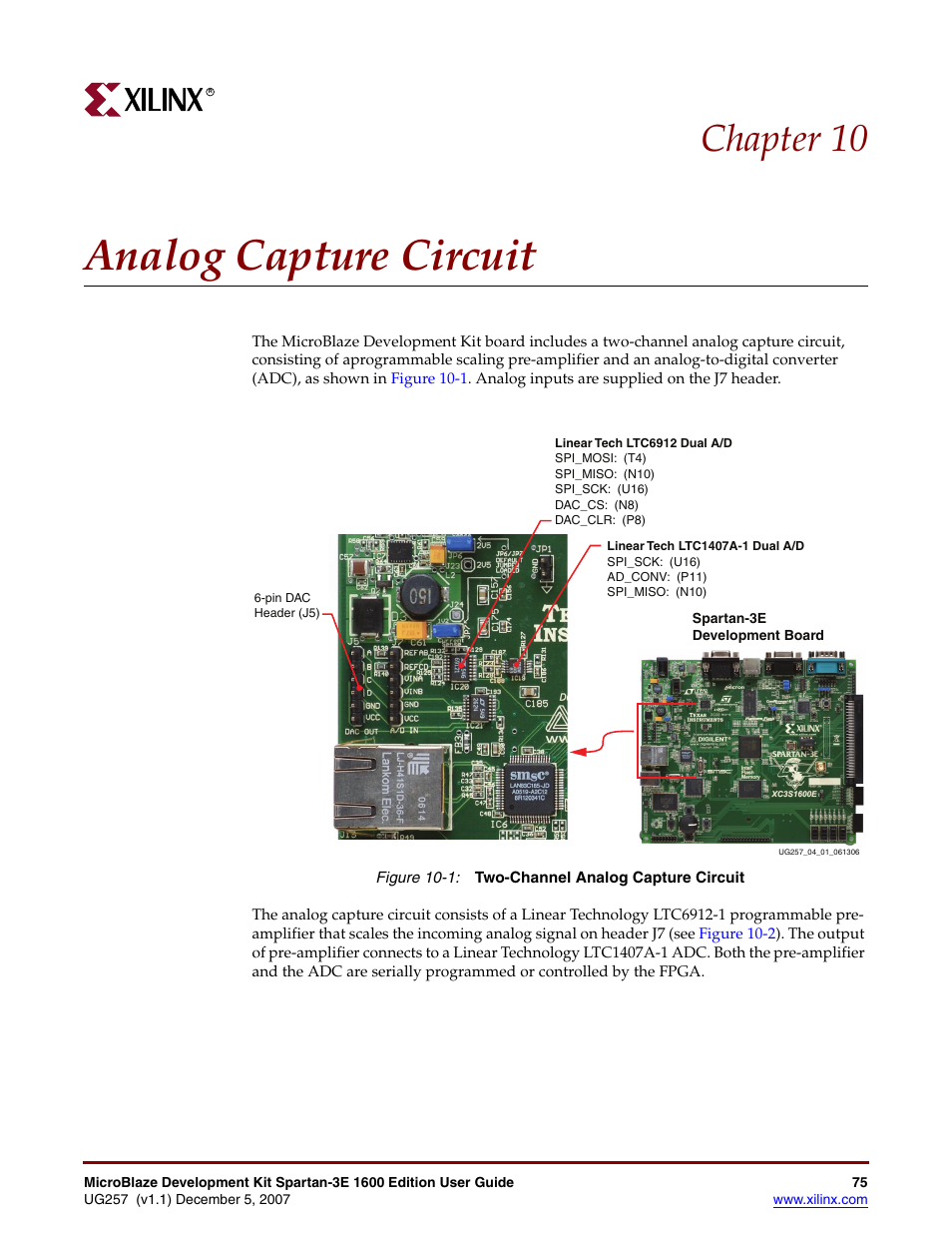 Analog capture circuit, Chapter 10: analog capture circuit, Chapter 10, “analog capture circuit | Chapter 10 | Xilinx MIcroblaze Development Spartan-3E 1600E User Manual | Page 77 / 168