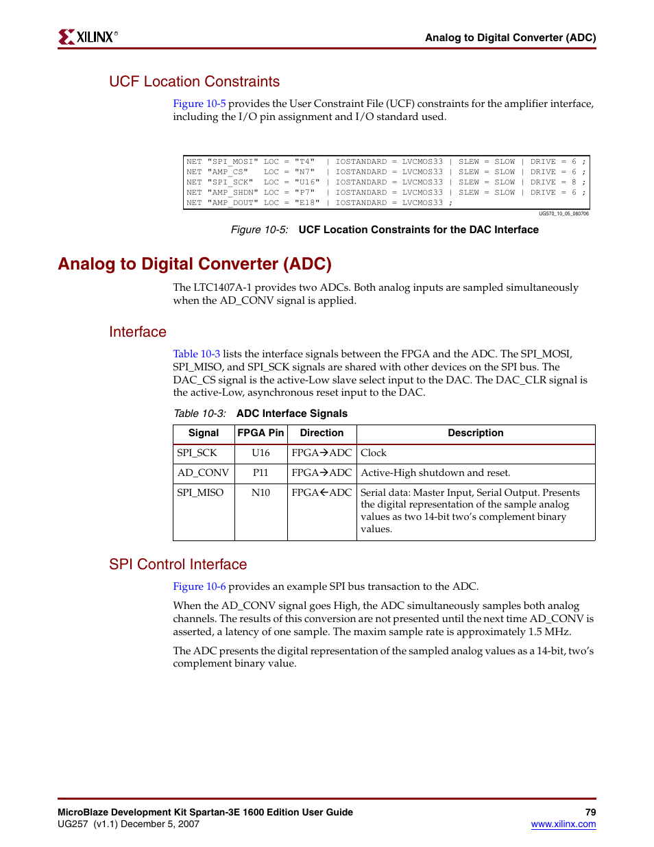 Ucf location constraints, Analog to digital converter (adc), Interface | Spi control interface | Xilinx MIcroblaze Development Spartan-3E 1600E User Manual | Page 81 / 168