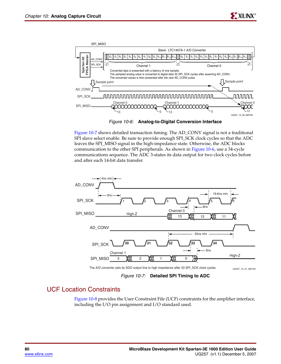 Ucf location constraints, Figure 10-6, Chapter 10: analog capture circuit | Spi_sck ad_conv spi_miso | Xilinx MIcroblaze Development Spartan-3E 1600E User Manual | Page 82 / 168