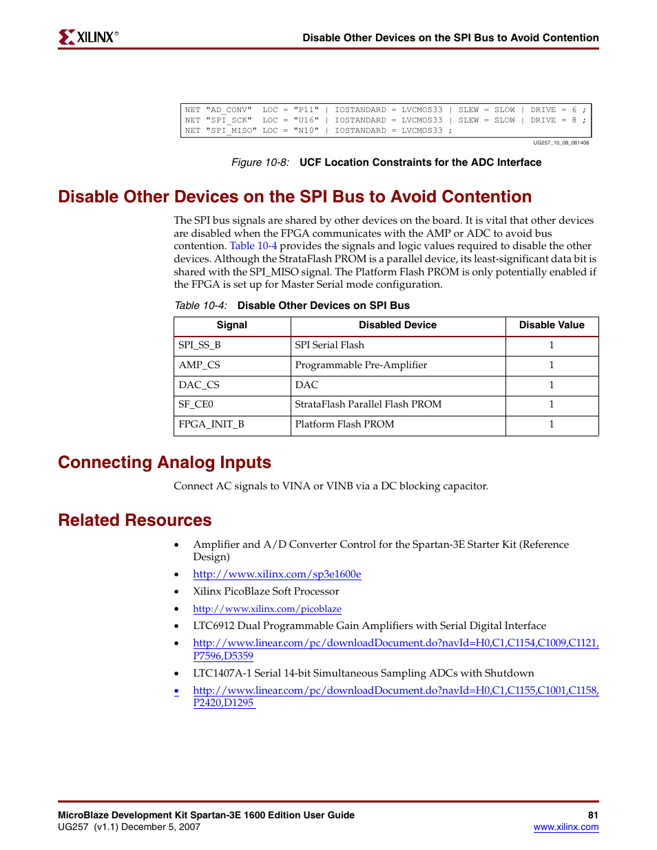Connecting analog inputs, Related resources, Figure 10-8 | Xilinx MIcroblaze Development Spartan-3E 1600E User Manual | Page 83 / 168
