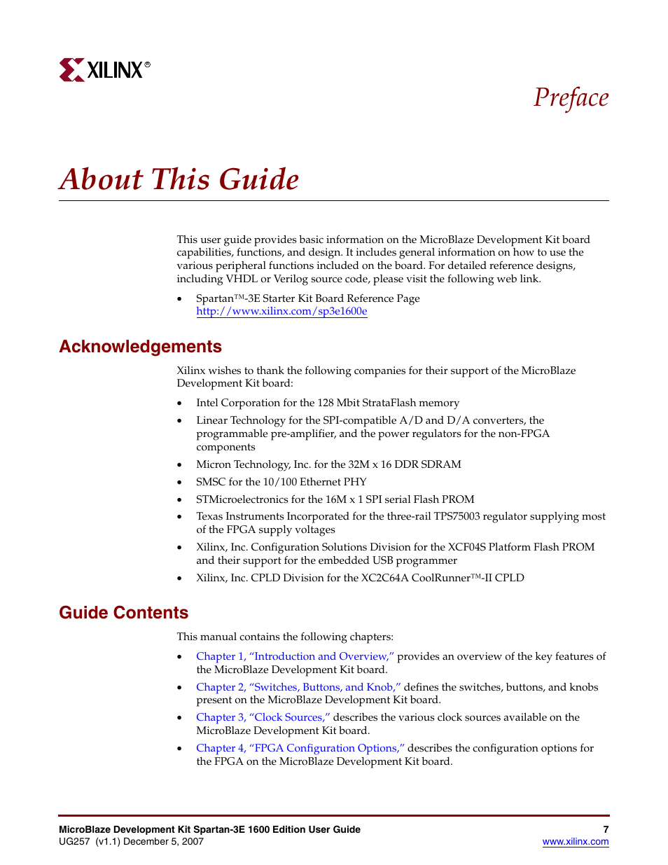 About this guide, Acknowledgements, Guide contents | Preface: about this guide, Preface | Xilinx MIcroblaze Development Spartan-3E 1600E User Manual | Page 9 / 168