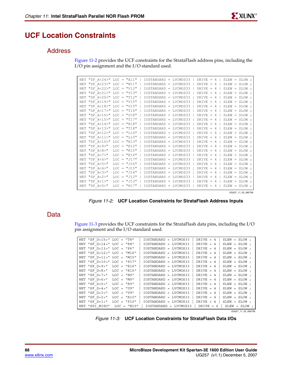 Ucf location constraints, Address, Data | Xilinx MIcroblaze Development Spartan-3E 1600E User Manual | Page 90 / 168